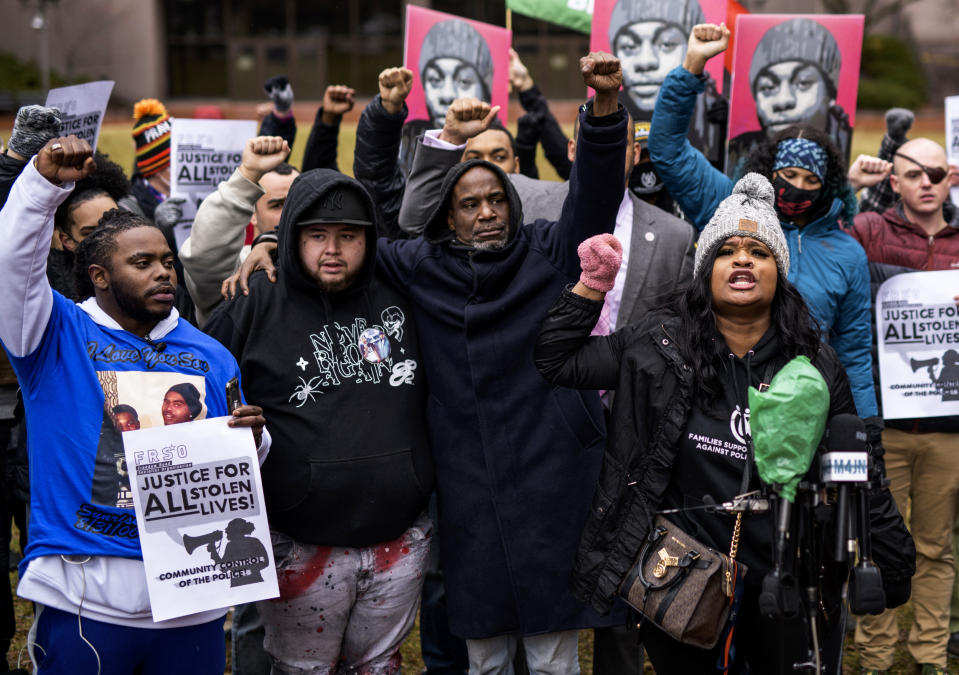 People gather outside the Hennepin County Government Center (Stephen Maturen / Getty Images file)