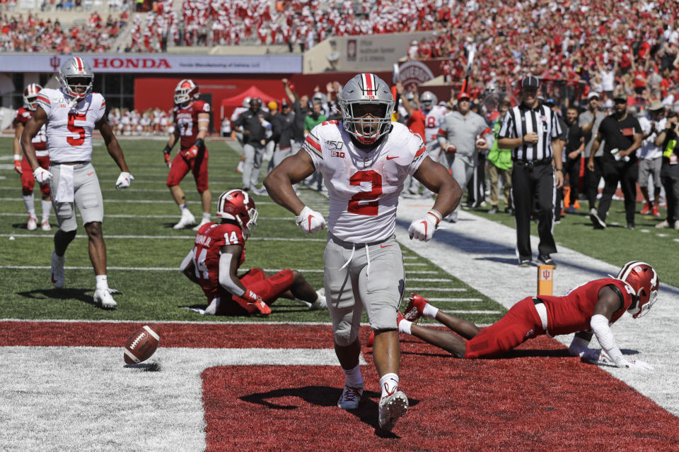 Ohio State running back J.K. Dobbins (2) celebrates after scoring a touchdown during the first half of an NCAA college football game against Indiana, Saturday, Sept. 14, 2019, in Bloomington, Ind. (AP Photo/Darron Cummings)