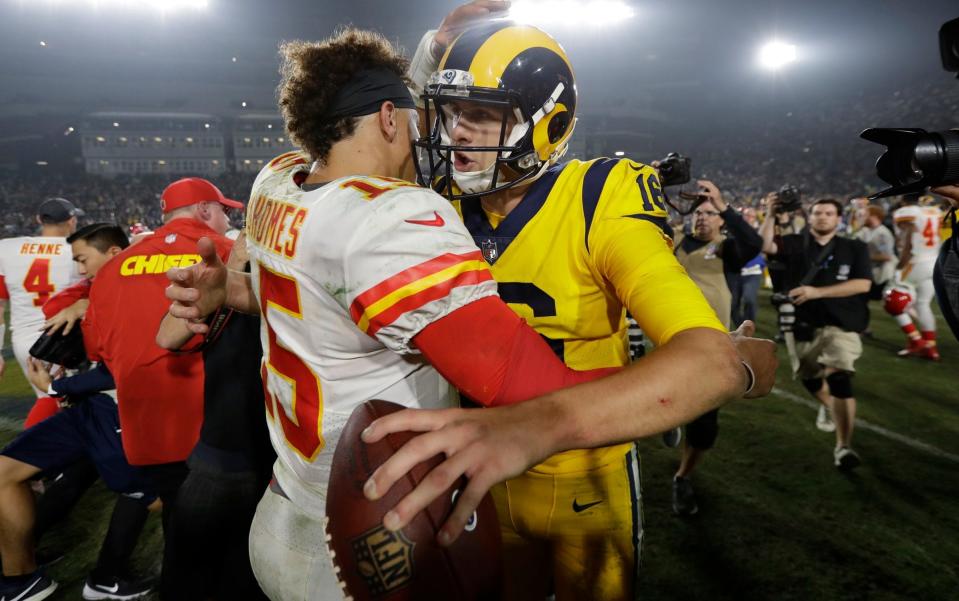 Patrick Mahomes (left) and Jared Goff embrace following a breathtaking match in Los Angeles - AP