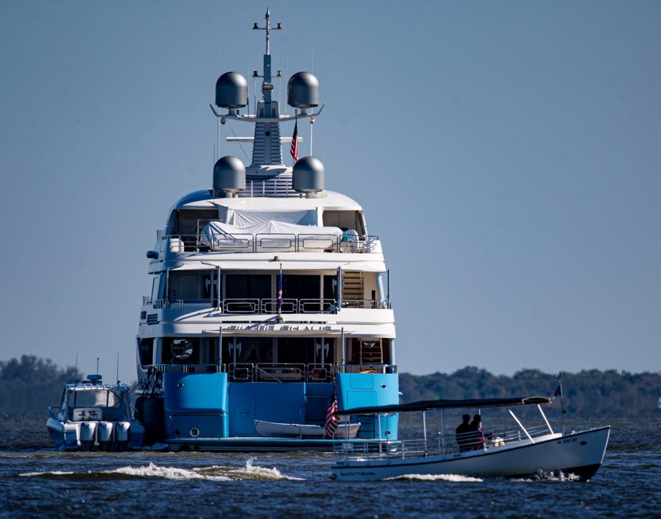 A 175-foot,Ê846-ton mega yacht owned by owned by real estate tycoon Larry Silverstein was seen anchored off the Sanibel Lighthouse between the Sanibel Causeway on Tuesday, Jan. 18, 2022. It is named the Silver Shalis.  