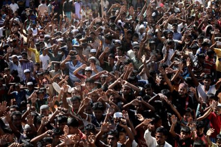 FILE PHOTO: Hundreds of Rohingya refugees shout slogans as they protest against their repatriation at the Unchiprang camp in Teknaf, Bangladesh November 15, 2018. REUTERS/Mohammad Ponir Hossain/File Photo