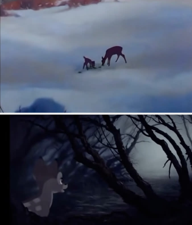 two deers in the snow and then a scene with bambi in the dark woods
