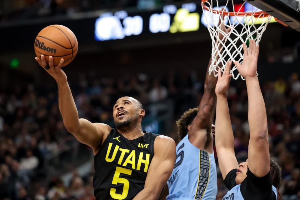 Utah Jazz guard Talen Horton-Tucker (5) scores and draws the foul during the game against the Memphis Grizzlies at the Delta Center in Salt Lake City on Wednesday, Nov. 1, 2023. | Spenser Heaps, Deseret News
