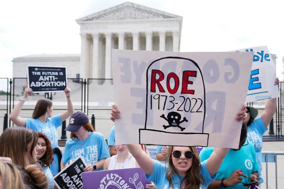 Demonstrators protest about abortion outside the Supreme Court in Washington, Friday, June 24, 2022. 