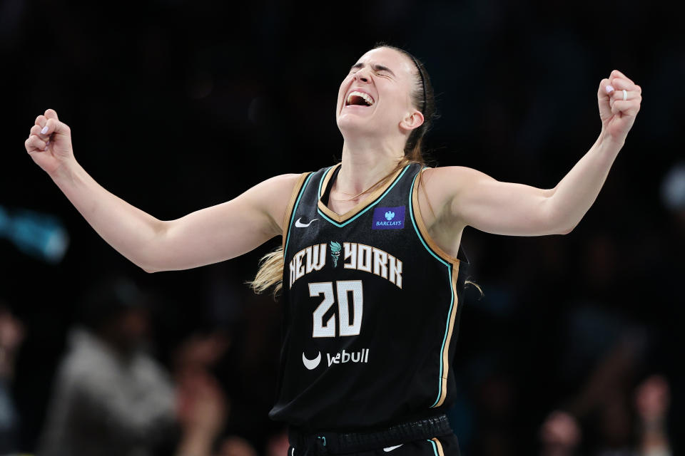 NEW YORK, NEW YORK - SEPTEMBER 24: Sabrina Ionescu #20 of the New York Liberty reacts during the second half against the Atlanta Dream in Game Two of Round One of the WNBA Playoffs at Barclays Center on September 24, 2024 in the Brooklyn borough of New York City. The Liberty won 91-82. NOTE TO USER: User expressly acknowledges and agrees that, by downloading and or using this photograph, User is consenting to the terms and conditions of the Getty Images License Agreement. (Photo by Sarah Stier/Getty Images)