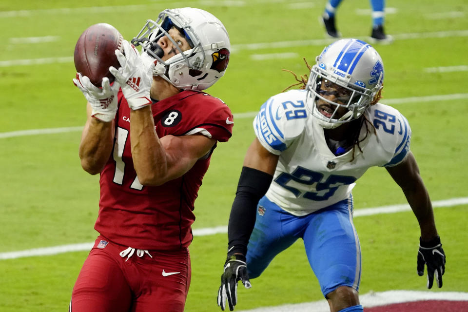 Arizona Cardinals wide receiver Andy Isabella pulls in a touchdown pass as Detroit Lions cornerback Darryl Roberts (29) defends during the first half of an NFL football game, Sunday, Sept. 27, 2020, in Glendale, Ariz. (AP Photo/Rick Scuteri)