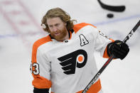 FILE - In this May 8, 2021 file photo, Philadelphia Flyers right wing Jakub Voracek (93) warms up before an NHL hockey game against the Washington Capitals in Washington. The Flyers traded Voracek to the Columbus Blue Jackets for Cam Atkinson, Saturday, July 24, in the first major trade on the second day of the NHL draft. (AP Photo/Nick Wass, File)