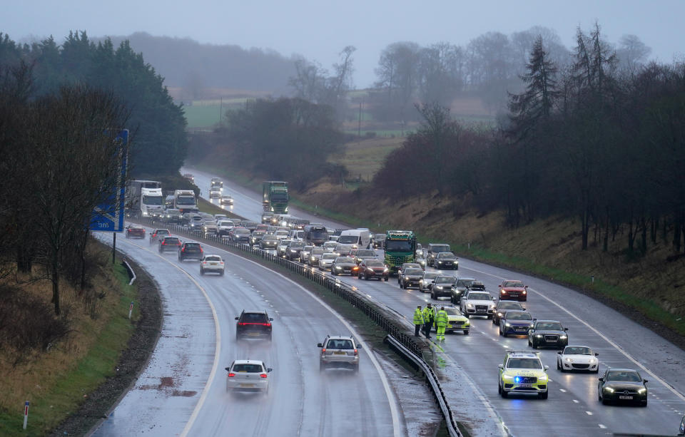 Police are in attendance as flood water is cleared from the M9 at Stirling. Storm Gerrit will bring strong winds and heavy rain to many parts of the UK on Wednesday, with wintry hazards also likely, forecasters warned. Picture date: Wednesday December 27, 2023. (Photo by Andrew Milligan/PA Images via Getty Images)