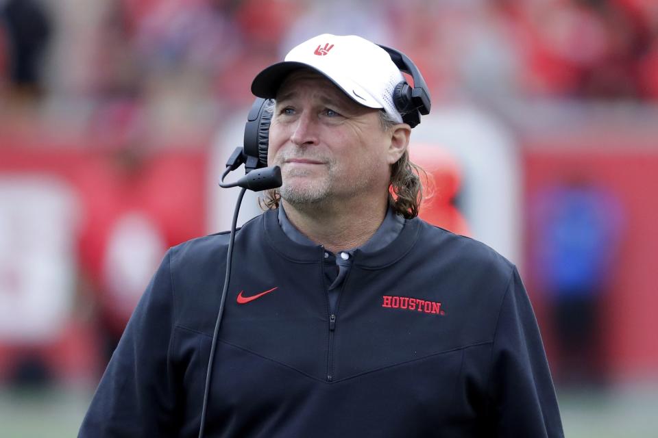 Houston coach Dana Holgorsen looks at the scoreboard during game against South Florida, Saturday, Oct. 29, 2022, in Houston. | Michael Wyke, Associated Press