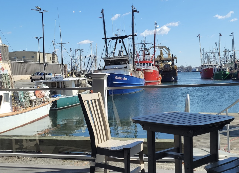 A table in the outdoor patio at Merrill’s on the Waterfront in New Bedford.