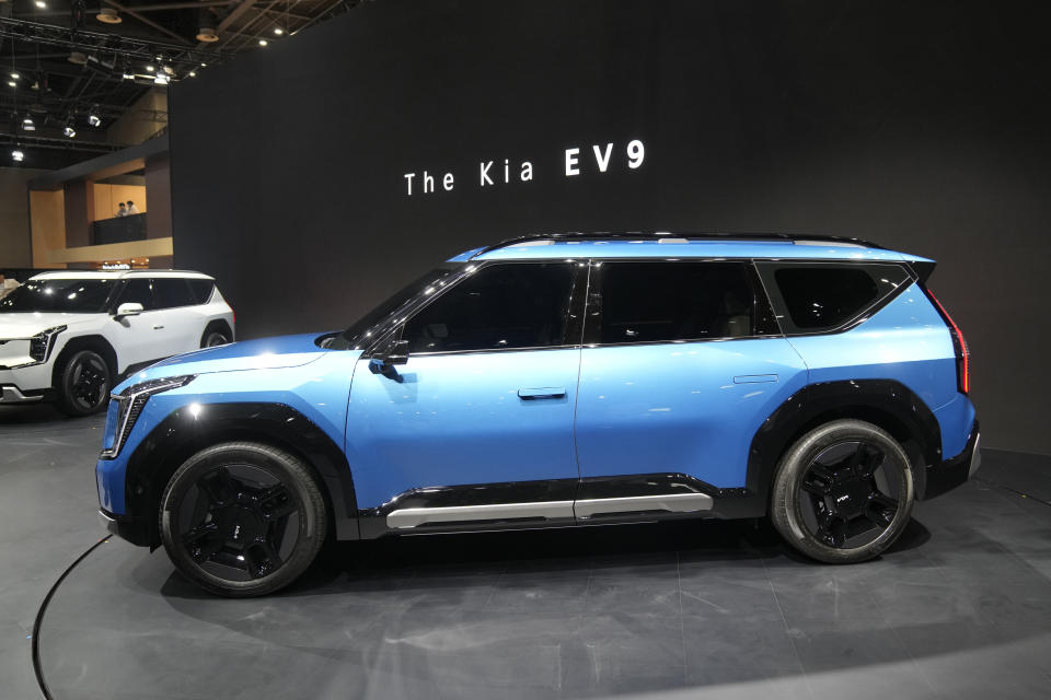 FILE - Kia's EV9 GT-line vehicle is unveiled during media day at the Seoul Mobility Show in Goyang, South Korea, Thursday, March 30, 2023. The Kia EV9 large electric SUV was selected as the 2024 North American Utility of the Year award, Thursday, Jan. 4, 2024. (AP Photo/Lee Jin-man, File)