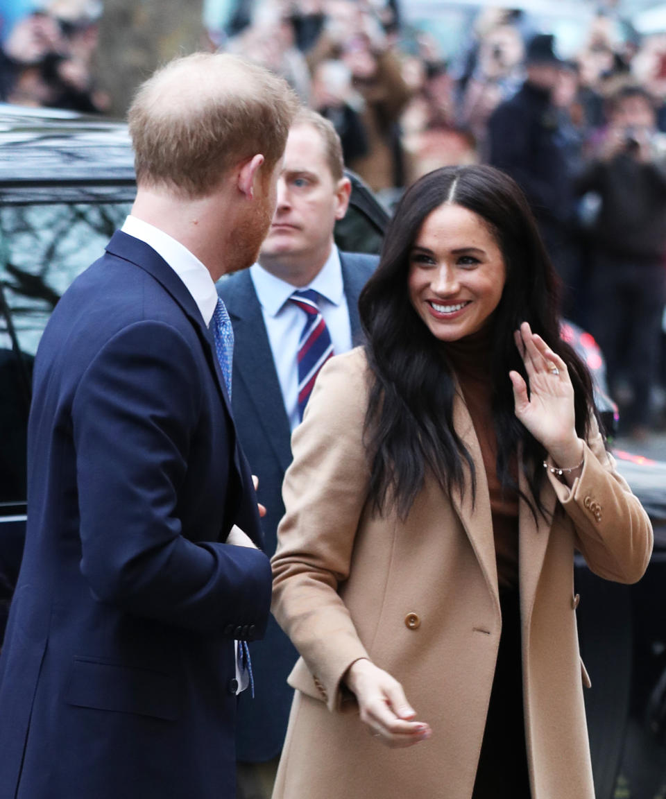 The Duke and Duchess of Sussex arriving for their visit to Canada House, central London, to meet with Canada's High Commissioner to the UK, Janice Charette, as well as staff, to thank them for the warm hospitality and support they received during their recent stay in Canada. (Photo by Yui Mok/PA Images via Getty Images)