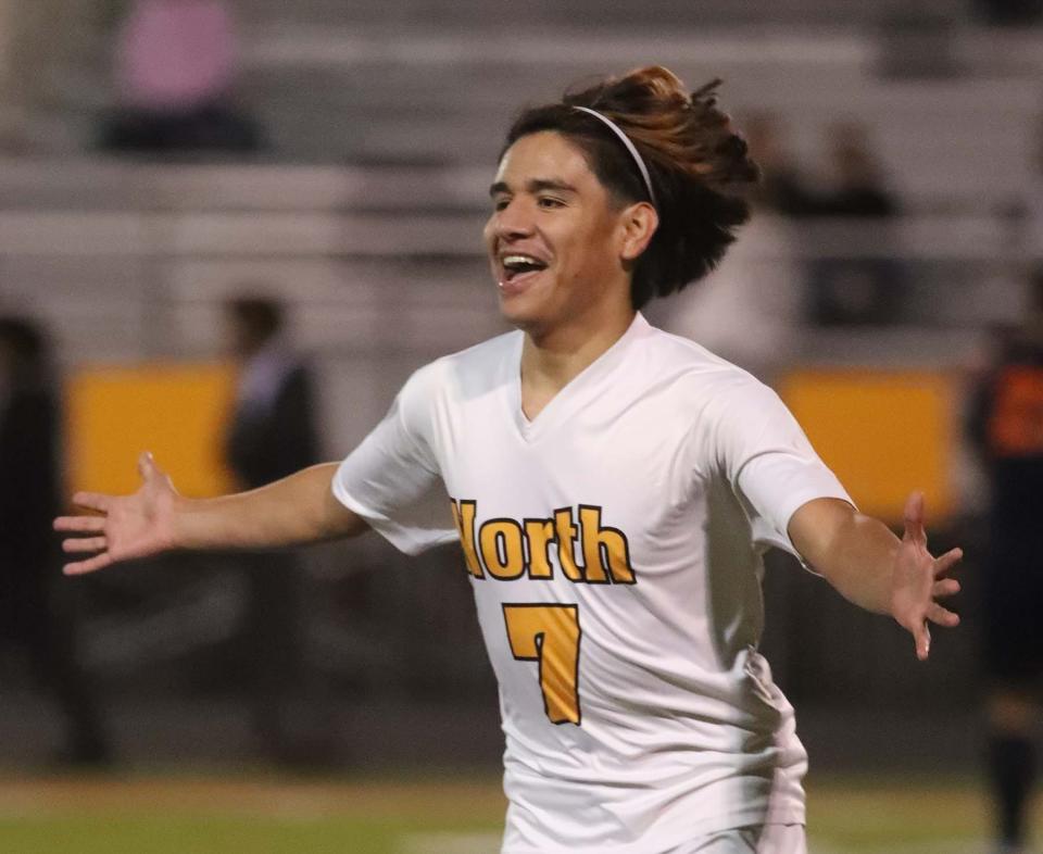 Juan Hernandez of North celebrates his goal during the first half of their game against Ellet at Ellet High School on Tuesday. 