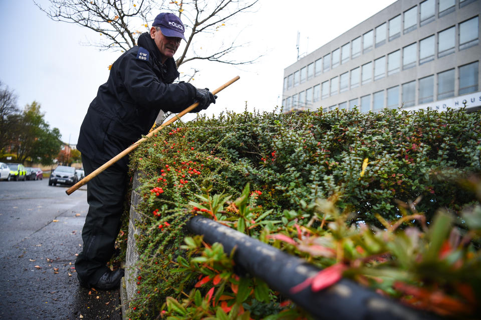 Police officers search bushes at the scene on Russell Way in Crawley, West Sussex, after a 24-year-old man was fatally stabbed on Tuesday night.