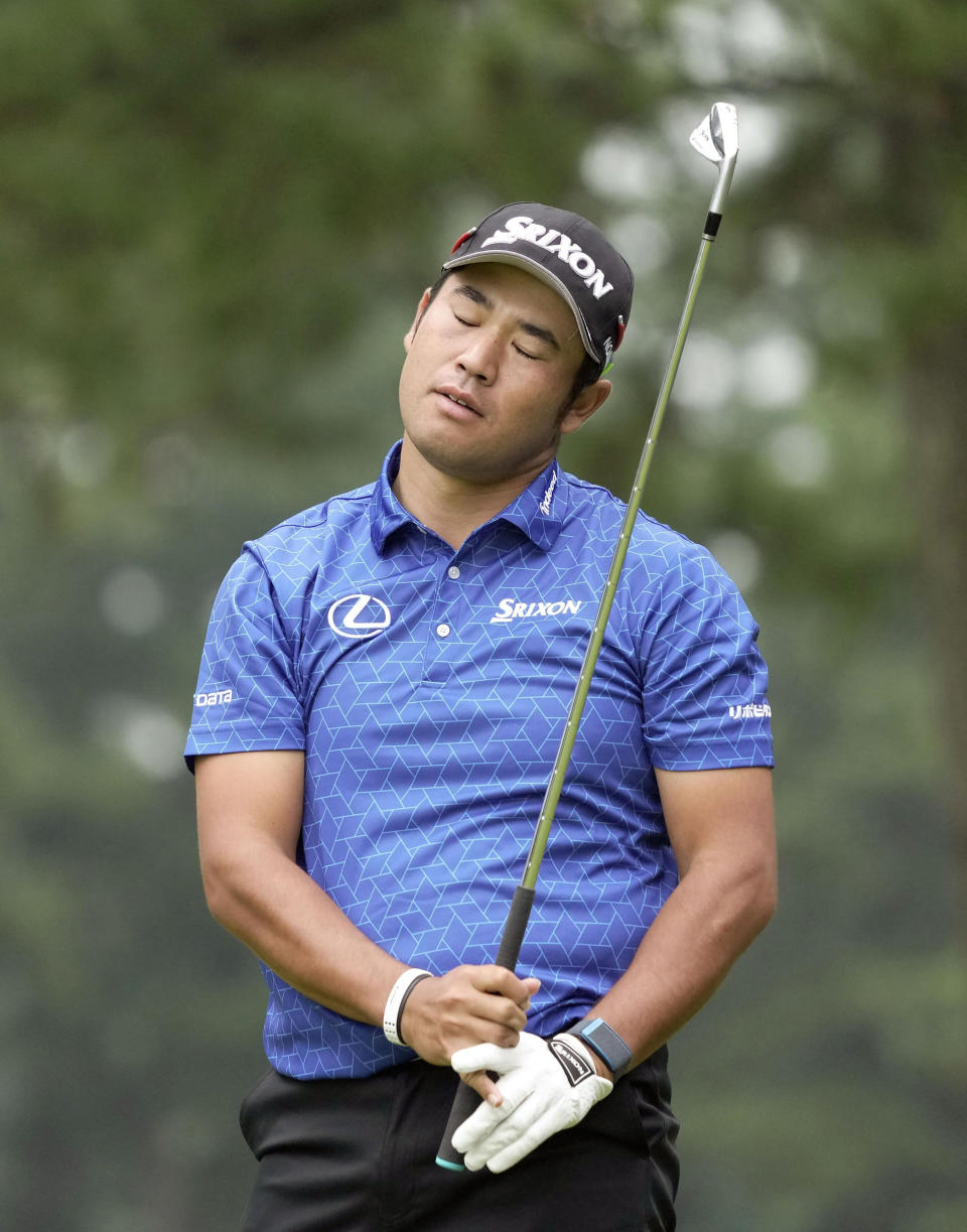 Hideki Matsuyama reacts at the Zozo Championship in Inzai, Chiba prefecture, Japan Thursday, Oct. 13, 2022. (Kyodo News via AP)