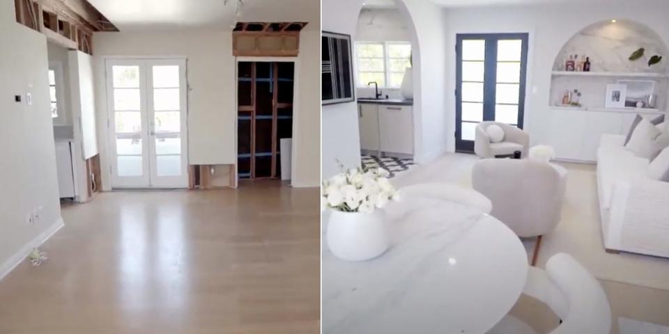 A side by side of an empty living room and the same room renovated and full of cream furniture.