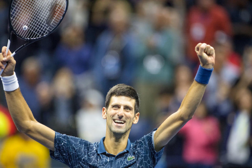 Novak Djokovic of Serbia celebrates his victory against Juan Martin Del Potro of Argentina in the Men's Singles Final on Arthur Ashe Stadium at the 2018 U.S. Open Tennis Tournament at the USTA Billie Jean King National Tennis Center on September 9, 2018 in Flushing, Queens, New York City. | Tim Clayton—Corbis/Getty Images