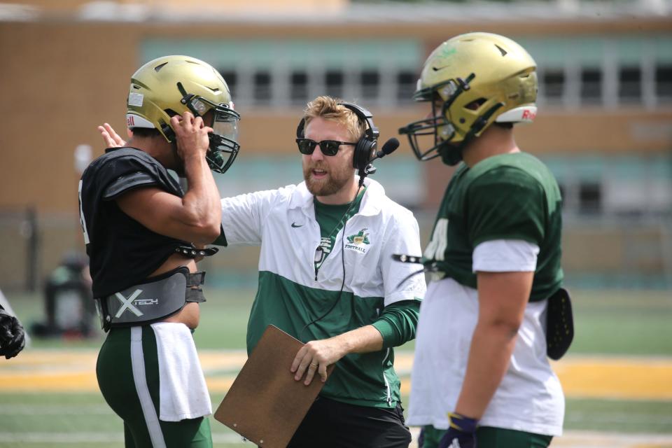 Offensive coordinator Brian Gibbs with St. Joseph’s of Montvale talks to his offense during a scrimmage with St. Joe's of Hammonton in preparation for their upcoming 2022 season in Montvale, NJ on August 17, 2022.