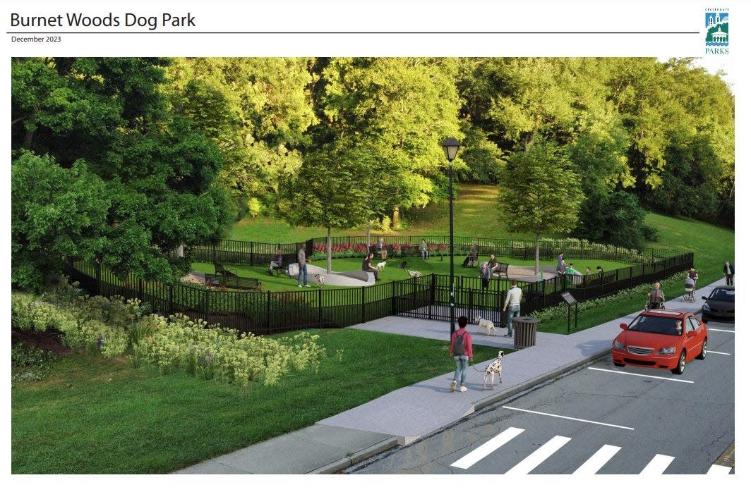 The latest design for a dog park in Burnet Woods includes 4-foot high fencing instead of the 5-foot fences in earlier renderings.