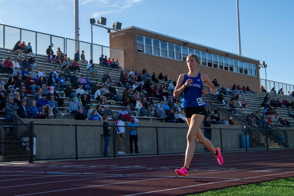 Memorial’s Allison Golba wins the girls 1600 meter run with a time of 5:27 during the 2024 City Track and Field Meet at Central High School Friday, April 19, 2024.