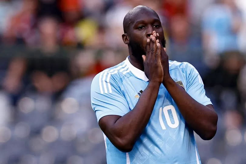 Belgium's forward #10 Romelu Lukaku reacts during the international friendly football match between Belgium and Luxembourg at the Baudoin King Stadium in Brussels on June 08, 2024.