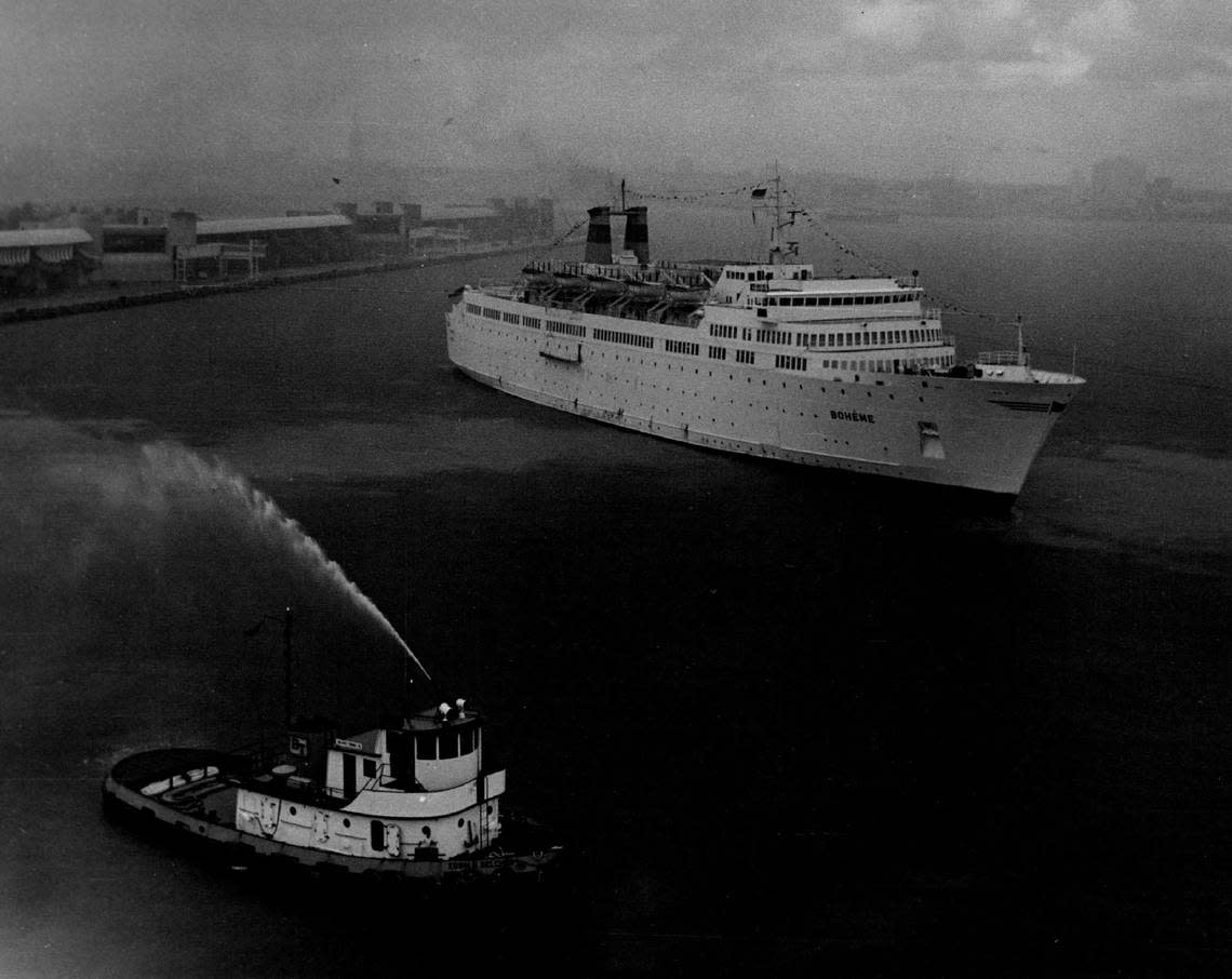 The M/S Boheme returns to home base at the Port of Miami in 1970.