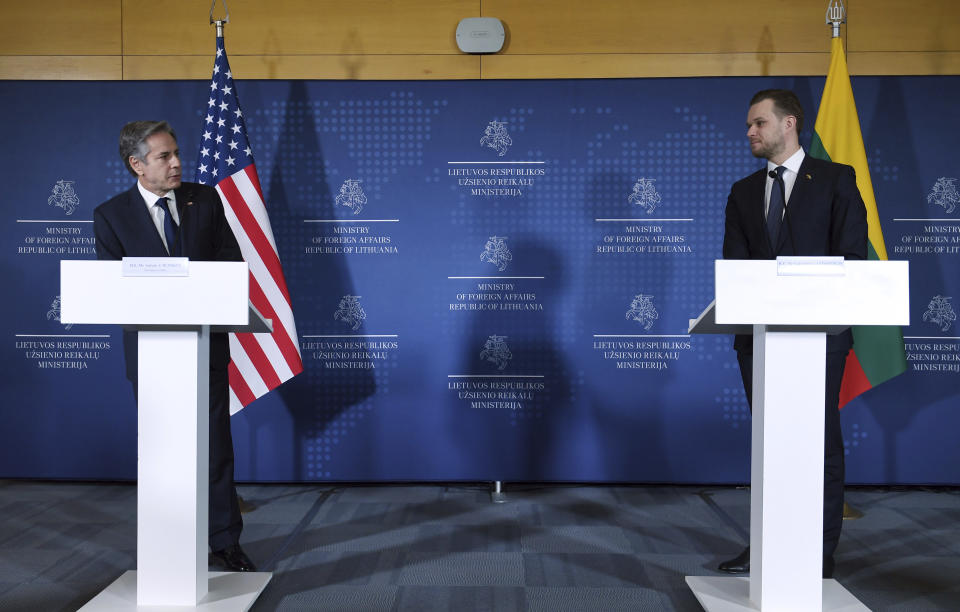 U.S. Secretary of State Antony Blinken, left, speaks during a joint press conference with Lithuania's Foreign Minister Gabrielus Landsbergis at the Ministry of Foreign Affairs in Vilnius, Lithuania, Monday March 7, 2022. U.S. Secretary of State Antony Blinken has begun a lightning visit to the three Baltic states that are increasingly on edge as they watch Russia press ahead with its invasion of Ukraine. (Olivier Douliery/Pool via AP)