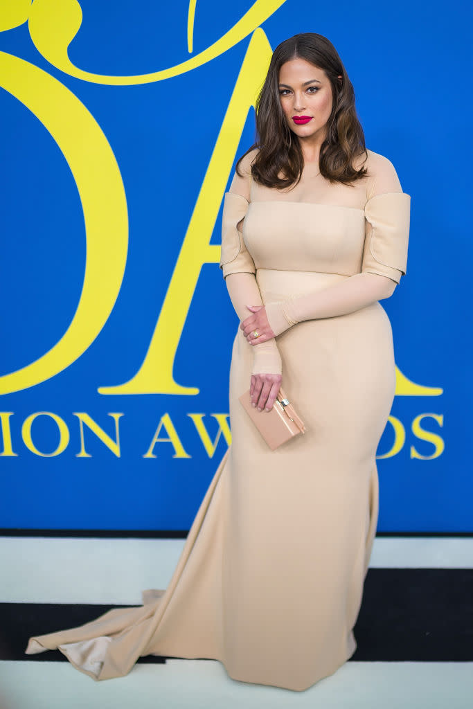 <p>Model Ashley Graham wears a nude silk mermaid wedding gown by Vera Wang at the 2018 CFDA Fashion Awards. (Photo: Getty) </p>