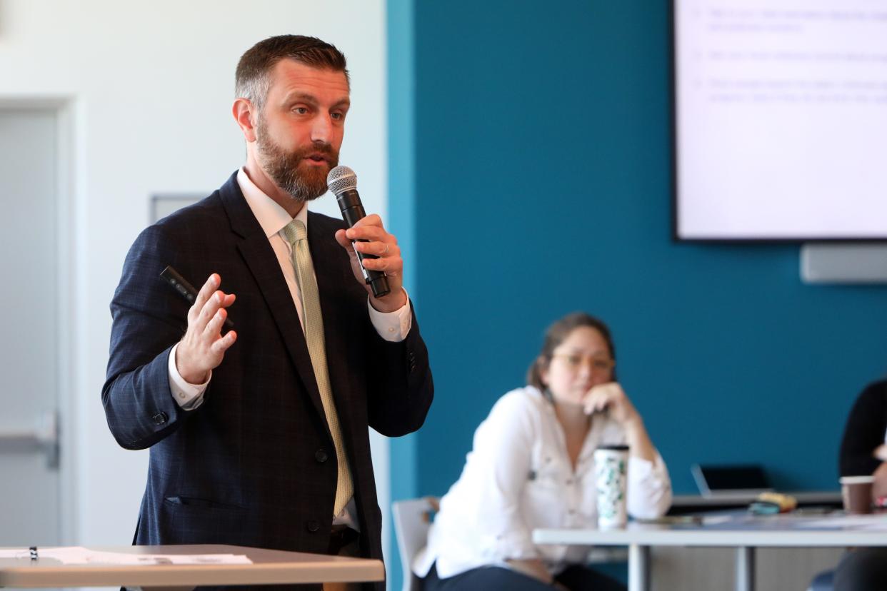 Adam Bosch, CEO of Hudson Valley Pattern for Progress, gives a presentation at the Dutchess BOCES conference center in Poughkeepsie May 7, 2024.