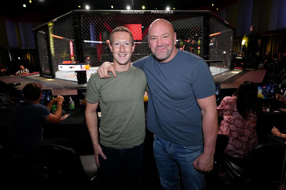 LAS VEGAS, NEVADA - OCTOBER 01: Mark Zuckerberg, founder and CEO of Facebook/Meta, poses with UFC president Dana White during the UFC Fight Night event at UFC APEX on October 01, 2022 in Las Vegas, Nevada. (Photo by Jeff Bottari/Zuffa LLC)