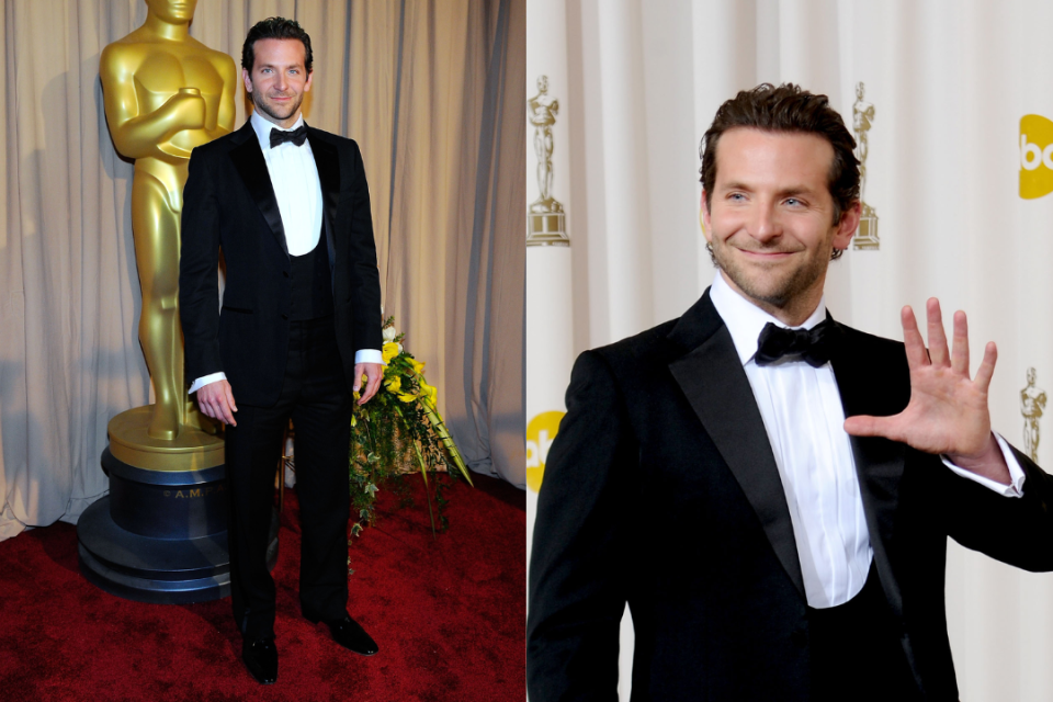 Actor Bradley Cooper poses in the press room at the 82nd Annual Academy Awards held at Kodak Theatre on March 7, 2010 in Hollywood, California. (Photos by Kevork Djansezian/Getty Images & Jason Merritt/Getty Images) First Oscars red carpet look