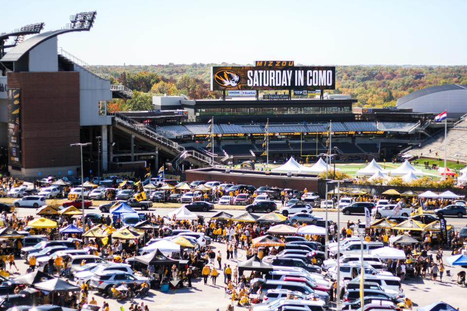 Faurot Field, lined with tailgaters on its outlying parking lots, is seen before a college football game between Missouri and South Carolina on Oct. 21, 2023, in Columbia, Mo.