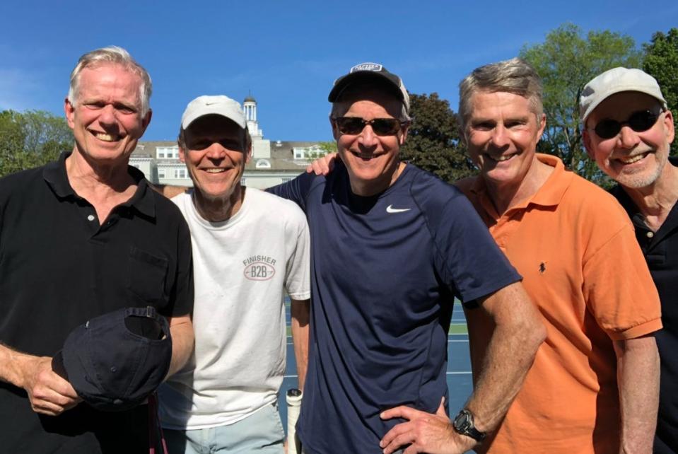 Mark Patinkin, center, at his 45th Middlebury College reunion with classmates Nick Bogert, Tucker Swan, Mike Schlegel and Peter Worthington.