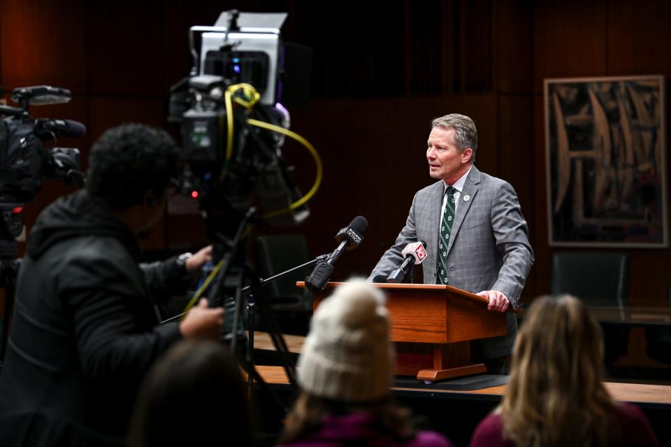 Michigan State University President-Elect Kevin Guskiewicz talks to the media on Monday, Dec. 11, 2023, at the Hannah Administration Building in East Lansing.