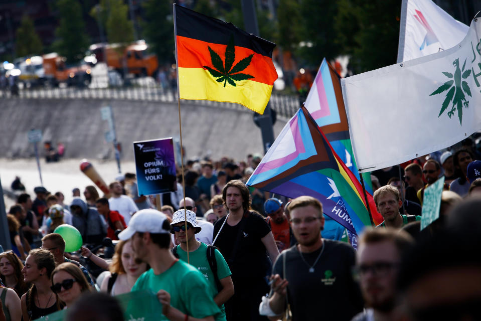 BERLIN, GERMANY - AUGUST 13: Activists demonstrating for the legalisation of marijuana march in the annual Hemp Parade (Hanfparade) on August 13, 2022 in Berlin, Germany. So far owning, cultivating and selling cannabis in Germany is still illegal, though the current coalition government campaigned on cannabis legalisation and is scheduled to begin debating corresponding legislation in coming months. (Photo by Carsten Koall/Getty Images)