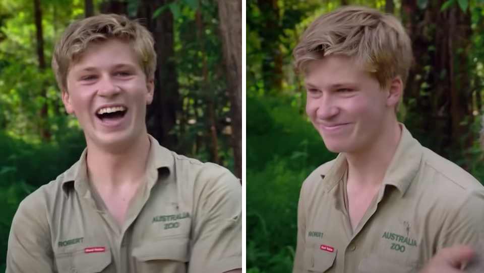 Robert Irwin laughing and looking flustered.