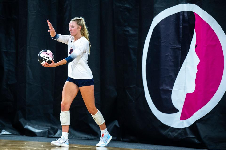 Urbandale's Lily Dykstra (10) serves during a Class 5A state volleyball quarterfinal match against Iowa City Liberty, Monday, Oct. 31, 2022, at Xtream Arena in Coralville, Iowa.