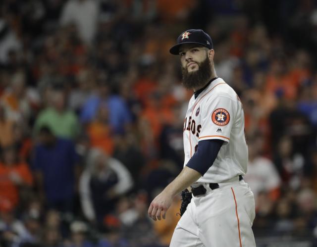 Dallas Keuchel of the Houston Astros waits on the field before the