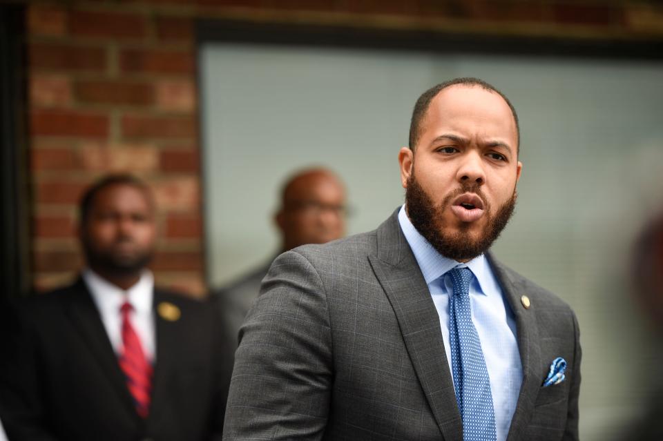 District Attorney Jared Williams speaks during a Richmond County Democratic Party press conference outside of the party's office off Broad Street on Monday, June 27, 2022. Representatives discussed the overturn of Roe v. Wade and the effects on Augusta residents.