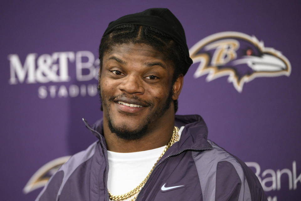 Baltimore Ravens quarterback Lamar Jackson speaks at a news conference after an NFL football game against the Carolina Panthers, Sunday, Nov. 20, 2022, in Baltimore. (AP Photo/Nick Wass)