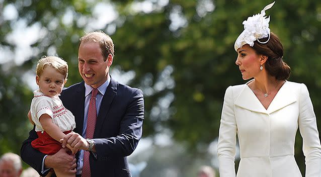 The Duke and Duchess of Cambridge with Prince George and Princess Charlotte (in pram) as they leave the Church of St Mary Magdalene in Sandringham. Photo: AAP