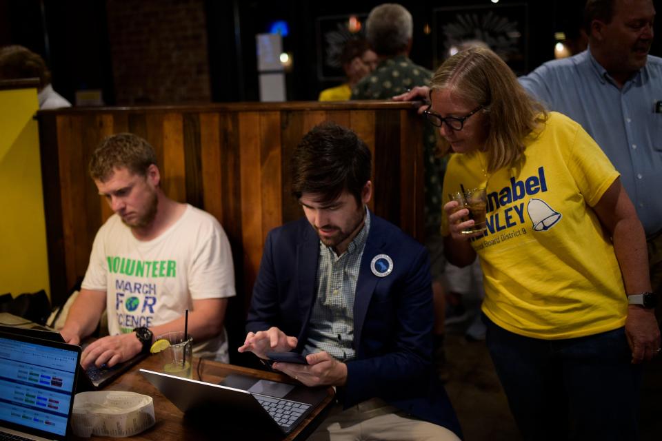 Annabel Henley, right, Democratic Board of Education District 9 candidate, and Matt Shears, chairman of the Knox County Democratic Party, look at election results as they come in at the Knox County Democratic watch party at Redbud Kitchen during the Knox County general election in Knoxville on Aug. 4. Though no Democrat won a countywide race, margins shrunk to a near-competitive 55-45 where they were well over 60-40 four years ago and even greater margins with fewer serious candidates eight years back.