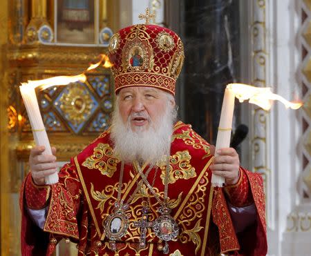 Patriarch of Moscow and all Russia Kirill leads an Orthodox Easter service in the Christ the Saviour Cathedral in Moscow, Russia, in this April 20, 2014 file photo. REUTERS/Maxim Shemetov/Files