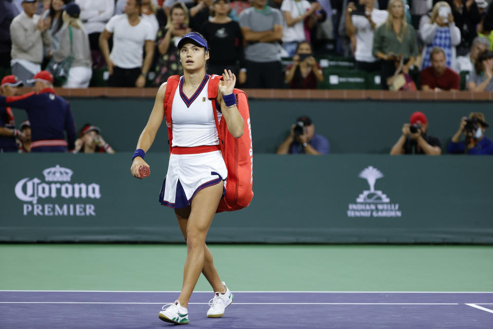 Seen here, Britain's Emma Raducanu walks off the court after losing in her first match at Indian Wells. 