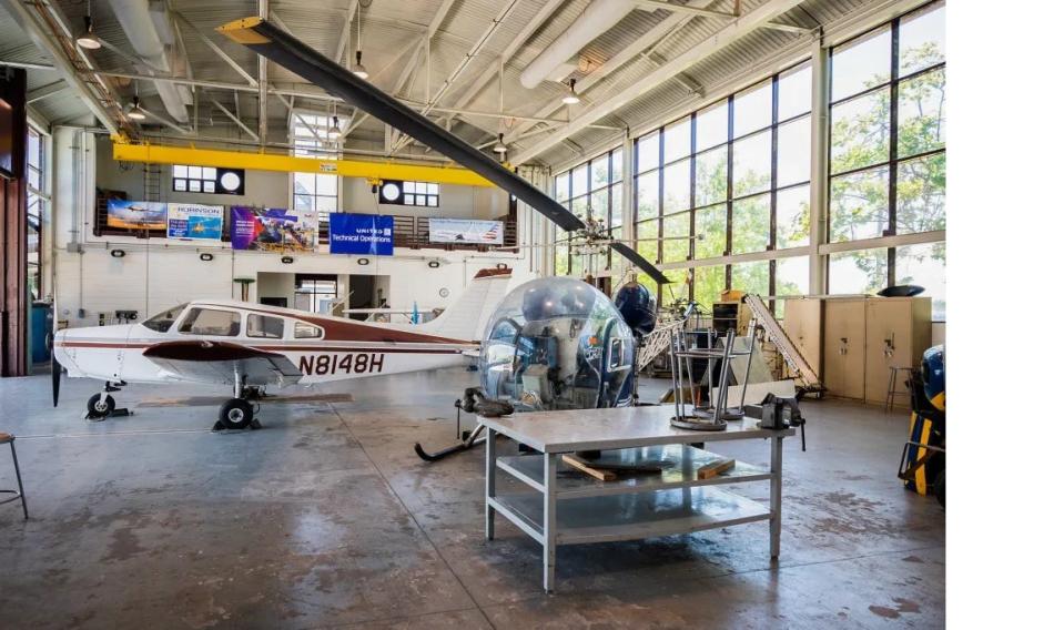 Airplanes and helicopters in the Aviation Technology building at West Los Angeles College Campus in Culver City on July 17, 2023.