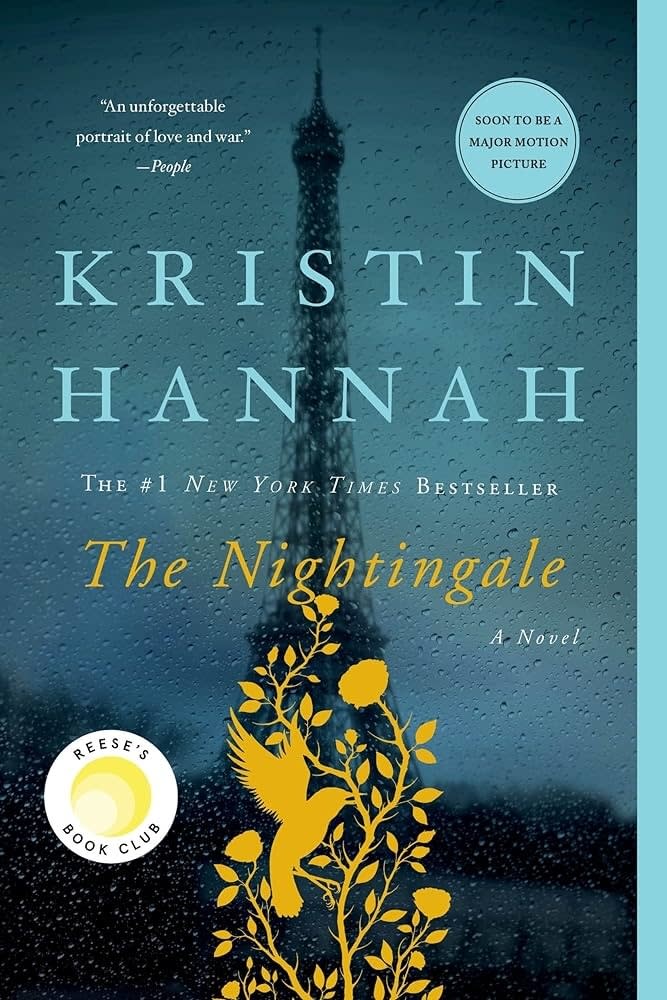 Cover of "The Nightingale" by Kristin Hannah, featuring Eiffel Tower silhouette and floral designs, noting its upcoming film adaptation