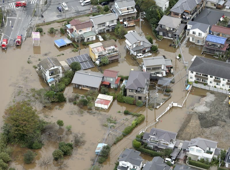 A flooded residential area after a heavy rain is seen in Sakura, Chiba prefecture, east of Tokyo