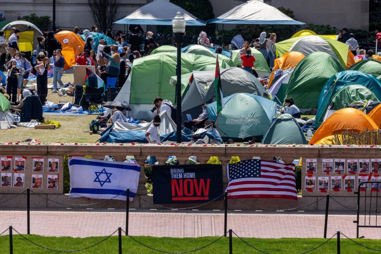 PHOTO: Posters and flags honoring Israeli hostages kidnapped on October 7th are displayed on a ledge near the Pro-Palestine encampment at Columbia University on April 24, 2024 in New York City.  (Alex Kent/Getty Images)