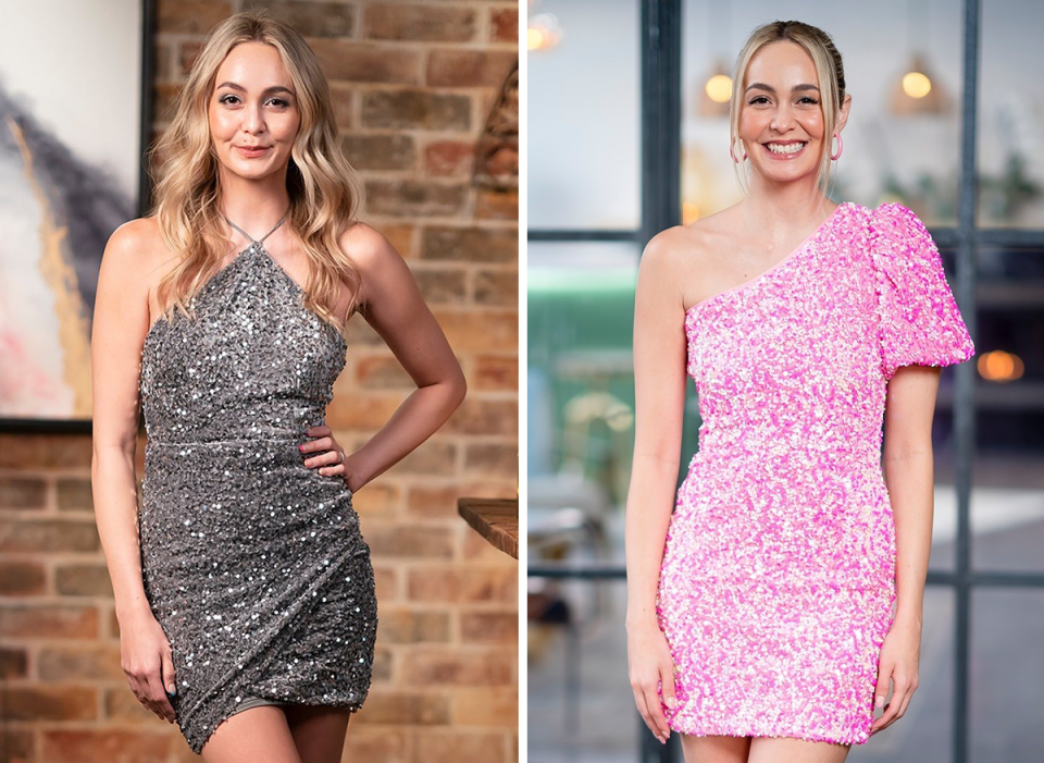 MAFS’ Tahnee Cook wearing a silver sequinned dress and a pink sequinned dress.