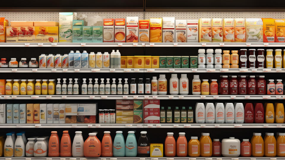 A grocery store shelf lined with the company's nutritional products.